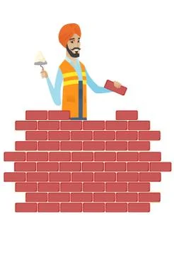 Hindu bricklayer working with spatula and brick. Stock Illustration