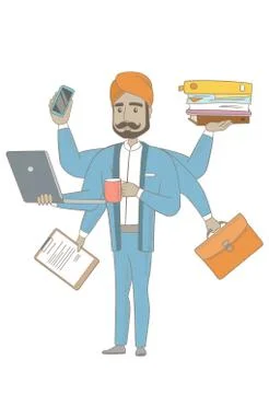 Hindu businessman coping with multitasking. Stock Illustration