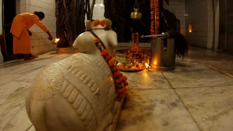 Hindu ceremony by monk Shiv a temple inside atributes decorated by flowers big b Stock Footage 100299359