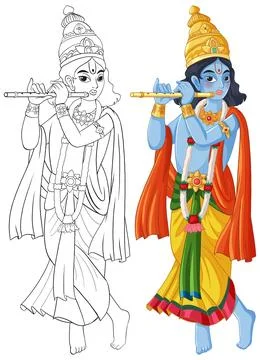 Hindu Deity Playing Flute Vector Illustration and Coloring Page Stock Illustration