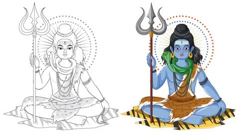 Hindu Deity Shiva Vector Illustration in Color and Line Art Stock Illustration