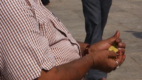A Hindu devotee eats prasad (offering) at a temple in India Video stock 83637250
