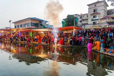Hindu Devotees Celebrating Chhath Puja Festival Stock Photos