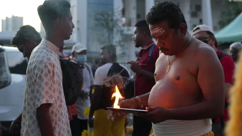 Hindu Devotees Get Blessing From Incense At Silver Pot During Thaipusam Festival Stock Footage 234385320