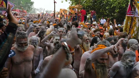 Hindu devotees going for shahi snaan on Kumbhmela. Stock Footage 190730421