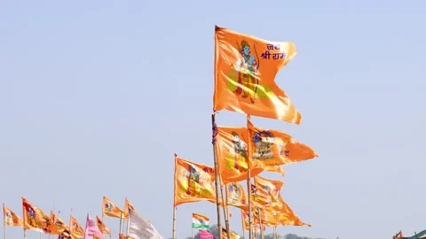 Hindu devotional flags displaying Lord Rama symbols during spiritual gather.. Stock Footage 337170091