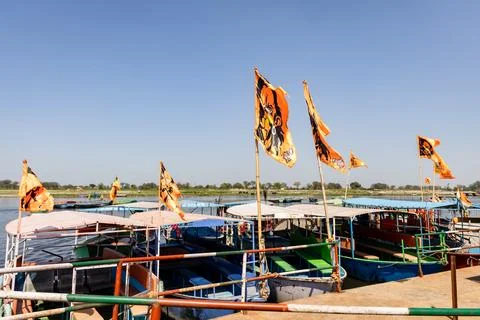 Hindu devotional flags displaying Lord Rama symbols during spiritual gather.. Stock Photos