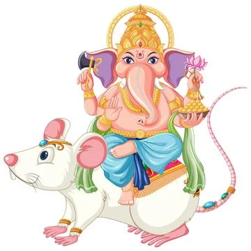 Hindu Elephant Deity Sitting on a Large White Rat Vector Illustration イラスト素材