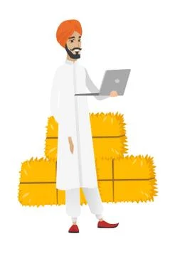 Hindu farmer using laptop. Stock Illustration