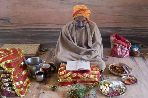 Hindu priest reading scriptures at Bhadrakali temple, Itakhori, Jharkhand,... Stock Photos