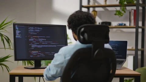 Hindu software developer implements specification into code Stock Footage 239345545