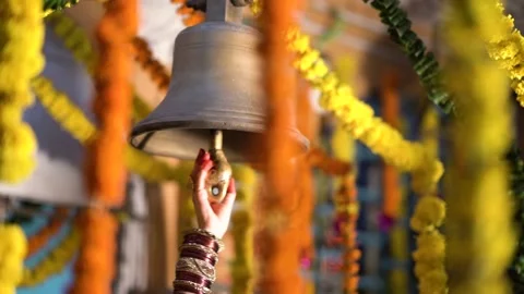 Hindu Temple Bell Closeup | Ringing bells rang by a person - Diwali Festival Stock Footage