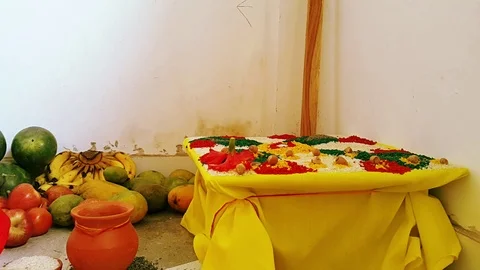 Hindu Vedic Puja Setup With Fruits and Navgarh Colour Rice Stock Footage 112298366