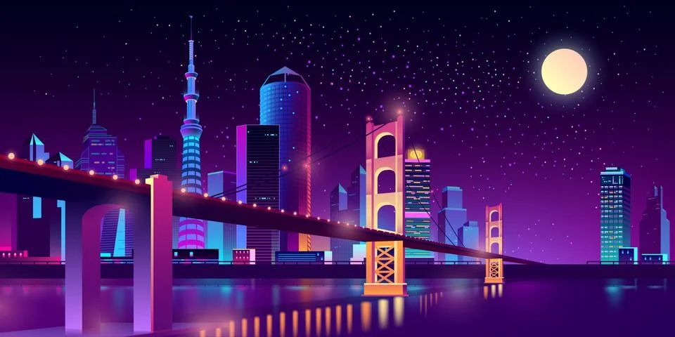 Hinged bridge in megapolis on river Stock-Illustration