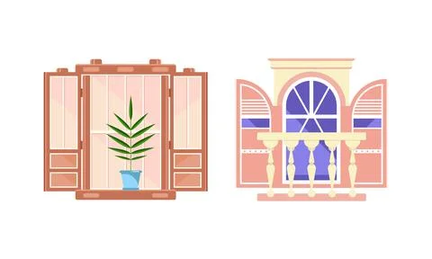 Hinged or Sash Window with Shutters and Flower Pot Rested on Sill Vector Set. Ilustración de archivo