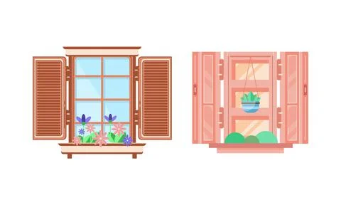 Hinged or Sash Window with Shutters and Flower Pot Rested on Sill Vector Set. Ilustración de archivo