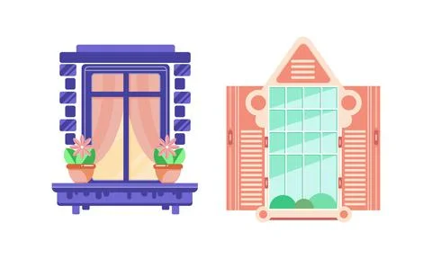 Hinged or Sash Window with Shutters and Flower Pot Rested on Sill Vector Set. Ilustración de archivo