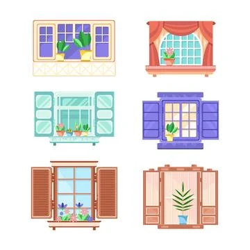 Hinged or Sash Window with Shutters and Flower Pot Rested on Sill Vector Set Ilustración de archivo
