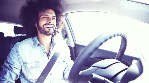 Hip cool man driving retro vintage style singing happy Stock Footage 46343978