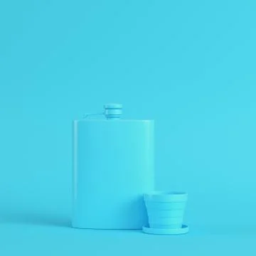 Hip flask with cup on bright blue background in pastel colors. Minimalism con Stock Illustration