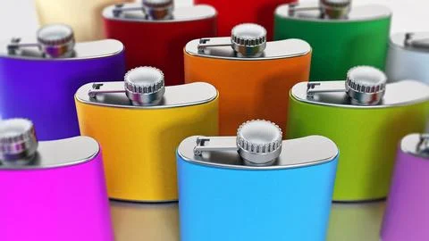 Hip flasks stack on gray surface. 3D illustration Stock Illustration