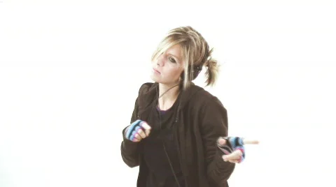 Hip girl wearing small headphones - 1 - 3 hands moving in rhythm Stock Footage
