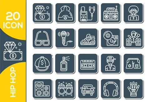 Hiphop Elements , Thin Line and Pixel Perfect Icons.Vector grey hip hop icons Illustrazione stock
