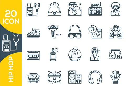 Hiphop Elements , Thin Line and Pixel Perfect Icons.Vector grey hip hop icons Stock Illustration