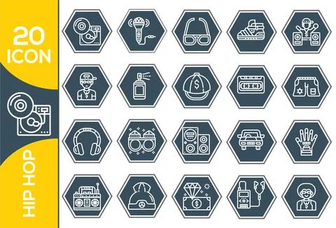 Hiphop Elements , Thin Line and Pixel Perfect Icons.Vector grey hip hop icons Stock Illustration