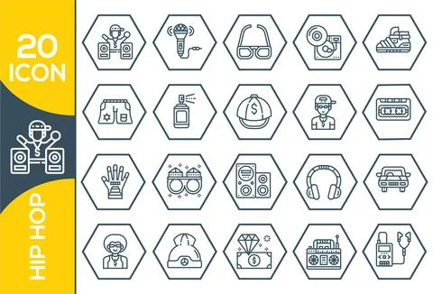 Hiphop Elements , Thin Line and Pixel Perfect Icons.Vector grey hip hop icons Illustrazione stock