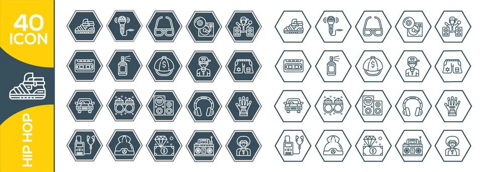 Hiphop Elements , Thin Line and Pixel Perfect Icons.Vector grey hip hop icons Illustrazione stock