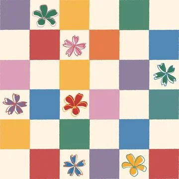 Hippie 60s 70s seamless patterns. Flowers on checkerboard, mesh background. Stock Illustration
