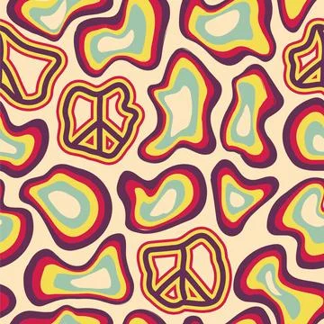 Hippie 60s style seamless pattern.Vector hand drawn illustration.Peace sign Stock Illustration