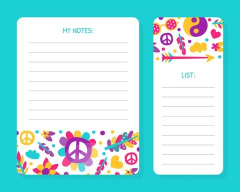 Hippie Bohemian Notes and To Do List Page with Sticker Element Vector Template Illustrazione stock