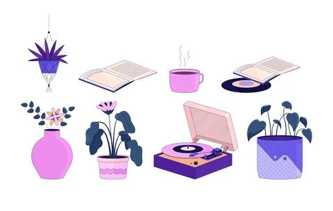 Hippie boho interior decor 2D linear cartoon objects set イラスト素材