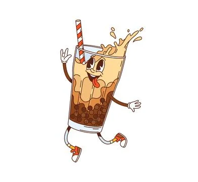 Hippie bubble tea drink retro groovy character Stock Illustration