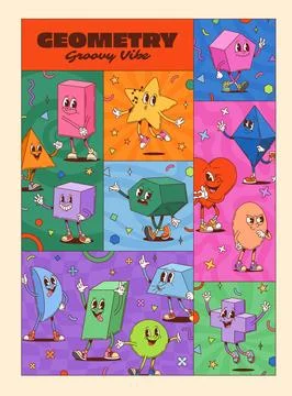 Hippie groovy math shape characters collage poster Stock Illustration