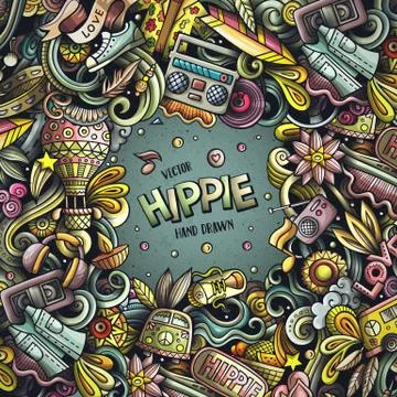 Hippie hand drawn vector doodles illustration. Hippy frame card design. Stock Illustration