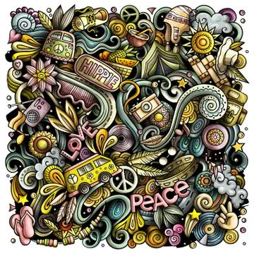 Hippie hand drawn vector doodles illustration. Hippy poster design. Stock Illustration