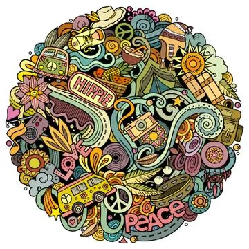 Hippie hand drawn vector doodles round illustration. Hippy poster design. Stock Illustration