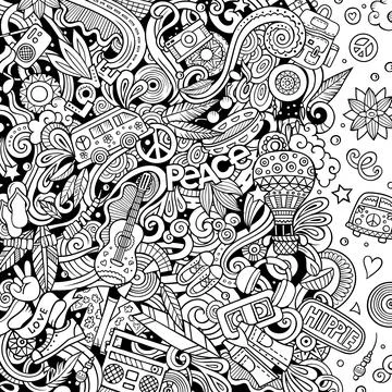 Hippie hand drawn vector doodles illustration. Hippy frame card design. Stock Illustration