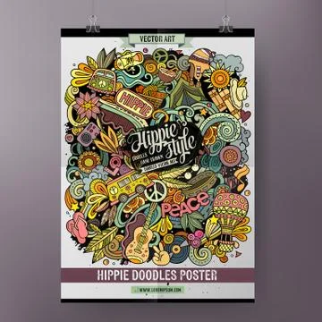 Hippie illustration. Hippy objects and elements cartoon doodle poster Stock Illustration