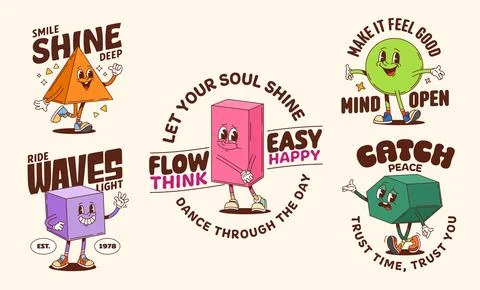 Hippie math shape groovy characters stickers set Illustrazione stock