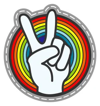 Hippie patch. Peace finger gesture on colorful circle Ilustración de archivo
