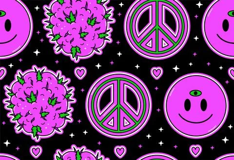 Hippie peace symbol,weed bud,heart,smile emoji face purple seamless pattern Stock Illustration
