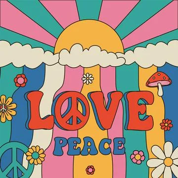 Hippie poster. Cartoon psychedelic banner with colorful hippy and peace signs Ilustración de archivo