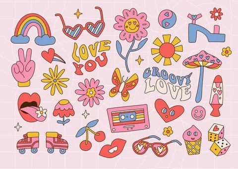Hippie retro vintage elements set in groovy 70s-80s style. Flat contour Stock Illustration