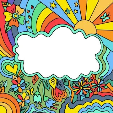Hippie style cloud frame in ethnic style with rainbow, sun, stars and flowers 스톡 일러스트