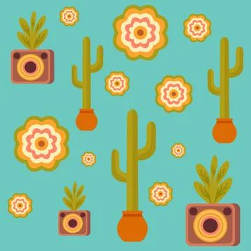 Hippie style seamless pattern flat vector with vibrant colors featuring cac.. イラスト素材
