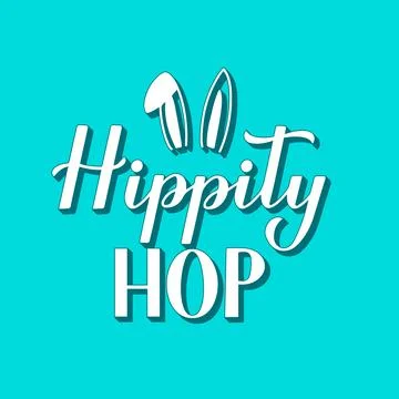 Hippity hop. Funny Easter quote 3d lettering on mint green background. Vect.. Stock Illustration